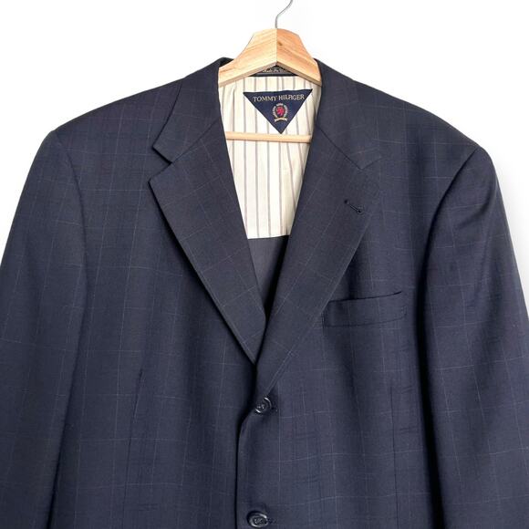 Tommy Hilfiger 100% Wool Navy Blue Windowpane Plaid Three Button Blazer Mens 42R - Picture 3 of 12